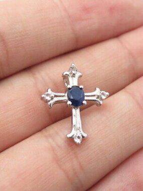 CHUCK CLEMENCY 925 Sterling Silver Real White Topaz & Sapphire Gem Cross…